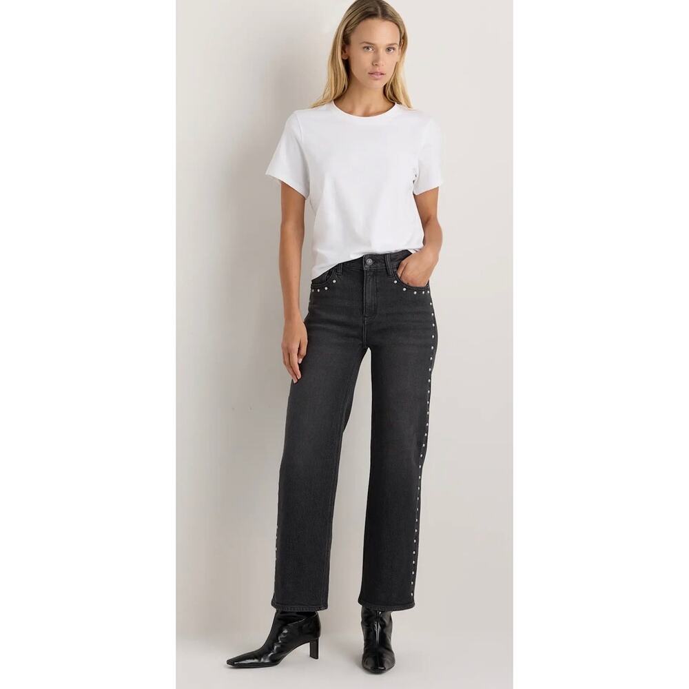 Quince Bella Stretch Studded Relaxed Straight Jeans-28”/ Charcoal Black, size 29 - Picture 2 of 16